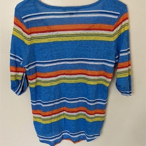 Lauren Ralph Lauren Women Top Striped 100% Linen Turn Back Cuffs Large Petite - Picture 2 of 7